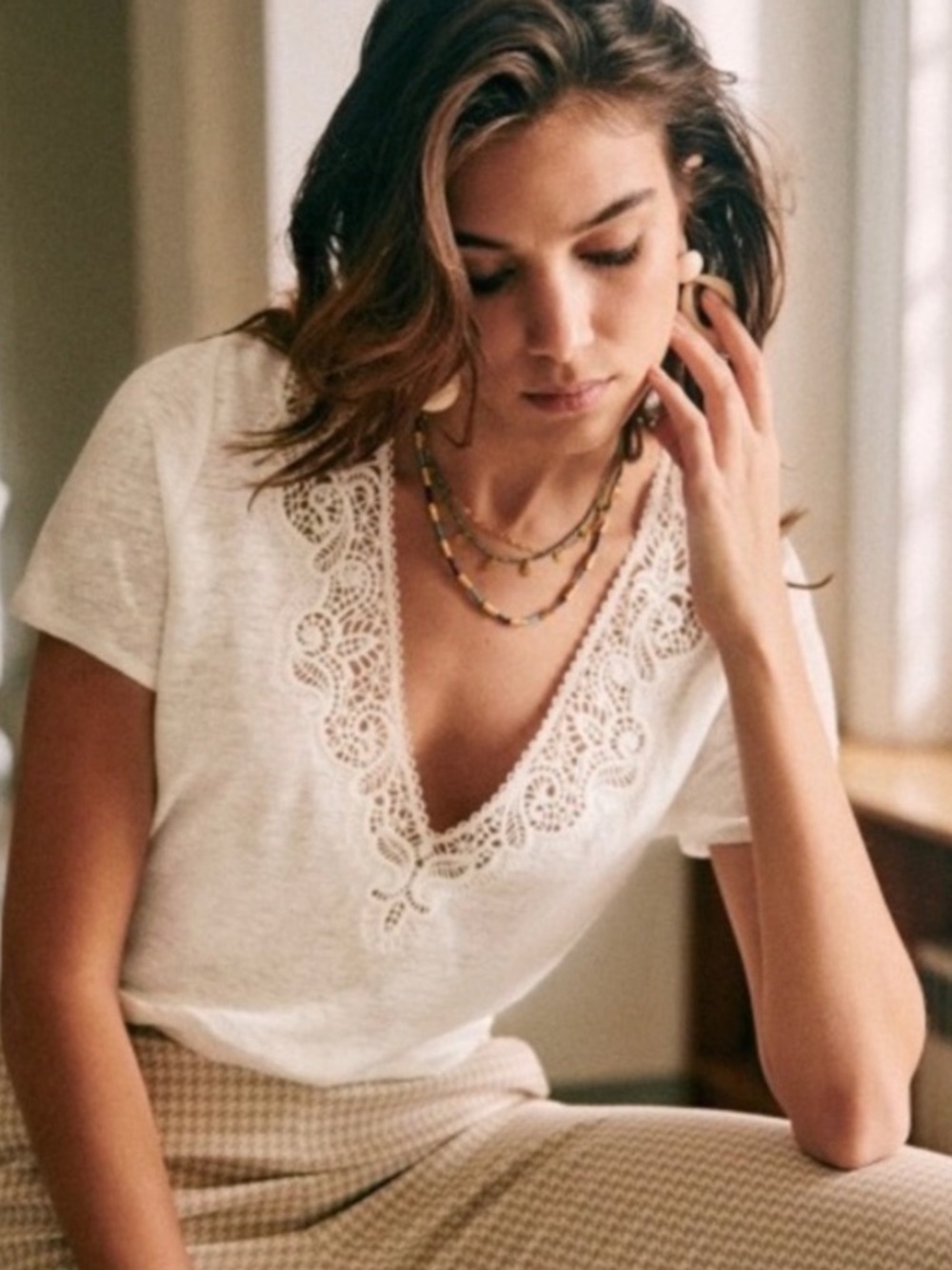 Sezane Mina Top White Linen V-Neck lace trimmed T-Shirt XXL